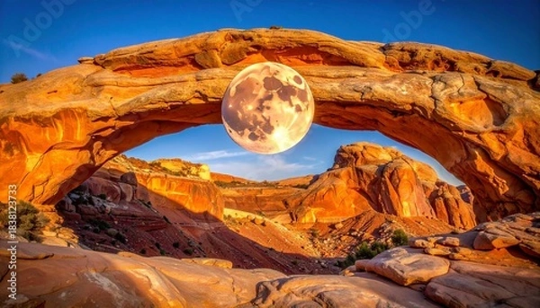 Obraz Large full moon framed by a natural sandstone arch in a desert landscape