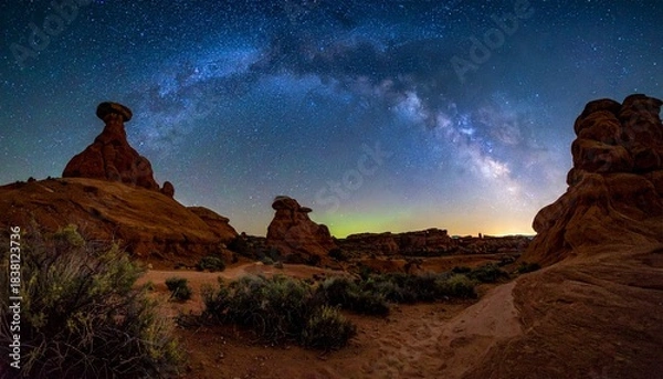 Obraz Milky Way galaxy stretching over desert landscape with sandstone formations at night