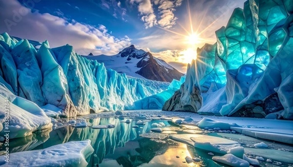 Obraz Majestic glacial landscape with bright sunburst over towering blue ice formations and a calm lake reflecting the sky
