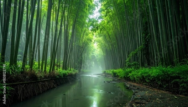 Obraz Vibrant green bamboo forest canopy arches over a tranquil canal casting reflections amidst a gentle mist