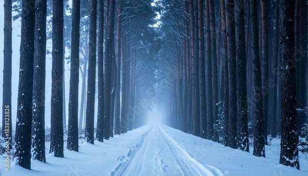 Obraz Snow covered path through a dense pine forest on a misty winter day Tall trees line the atmospheric roadway