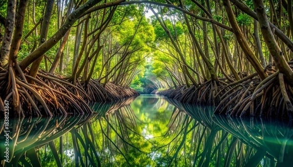 Obraz Lush green mangrove forest with intricate root systems lining a calm water channel creating a natural archway and clear
