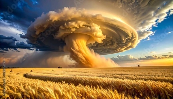Obraz Dramatic supercell storm cloud with a visible funnel descends over a golden wheat field at sunset