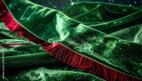 Obraz Close up of luxurious deep green velvet fabric draped with elegant red fringe detailing Glitter particles sparkle on the