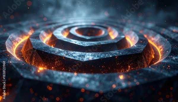 Obraz Close up of a futuristic dark textured geometric pattern radiating vibrant orange light and shimmering particles