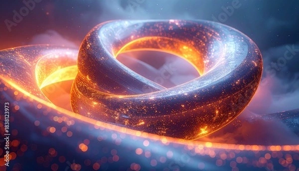 Obraz Intertwined luminous rings feature sparkling orange and blue particles set against a mysterious dark smoky background