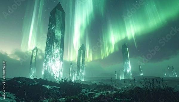Obraz Tall glowing green crystal monoliths stand on a rugged icy landscape under vibrant northern lights and a starry sky