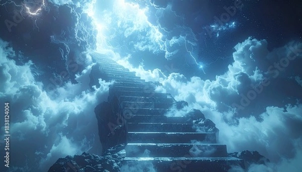 Obraz A grand stone staircase ascends into a luminous stormy sky filled with bright blue lightning and ethereal clouds