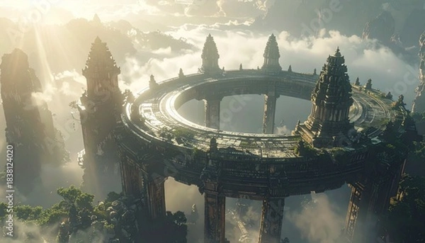 Obraz Ancient circular temple structure emerges from misty clouds with sun rays piercing the sky