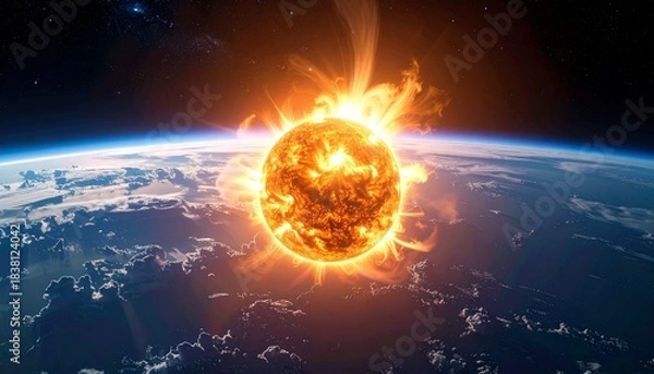 Obraz Fiery sun emitting solar flares above the Earth's atmosphere seen from space