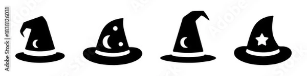 Obraz A collection of wizard hat icons in black silhouette, depicting different styles of pointy hats.