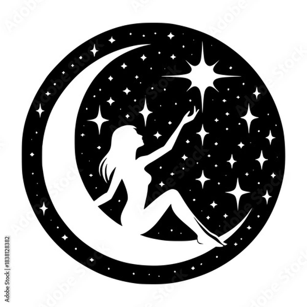 Fototapeta silhouette of a female figure sitting on a crescent moon, reaching towards a bright star vector image illustration