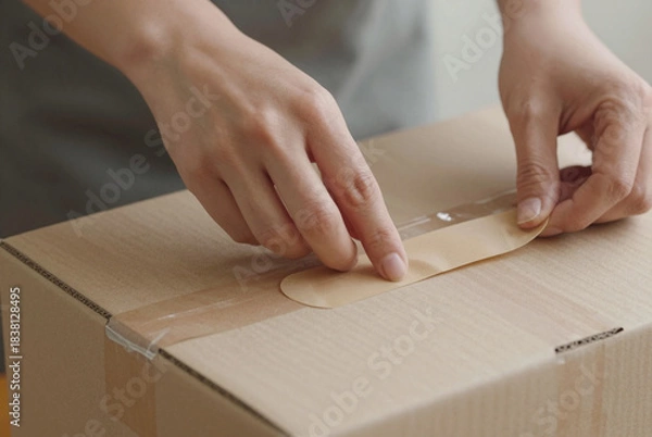 Fototapeta Person wrapping a cardboard box with adhesive tape.