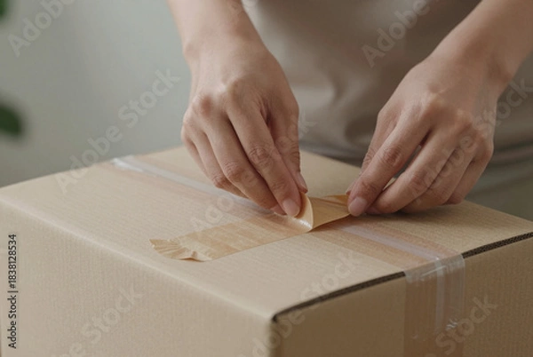 Fototapeta Person wrapping a cardboard box with adhesive tape.