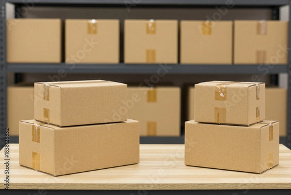 Fototapeta Stack of cardboard boxes sitting on top of a wooden table.