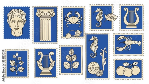Fototapeta Elegant collection of vintage-style postage stamps with classical art, ancient architecture, marine life, botanical illustrations, and mythological symbols, great for design