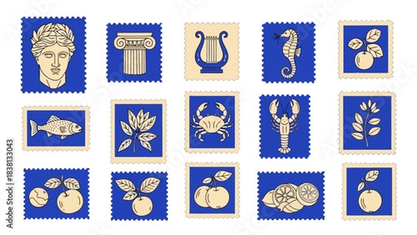 Fototapeta Collection of Vintage Stamps with Mythological and Marine Illustrations