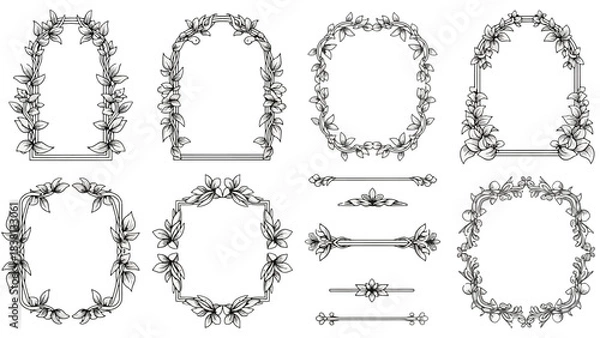 Fototapeta Collection of decorative floral frames and ornamental dividers in elegant black and white design