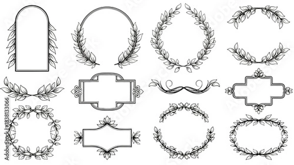 Fototapeta Classic collection of black and white botanical wreaths and frames. An elegant vector set with hand-drawn leaf borders for design