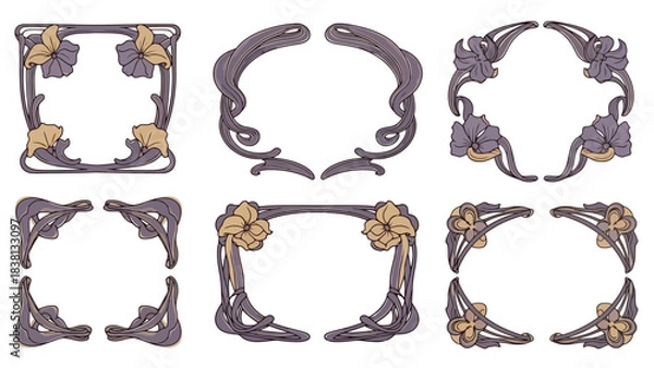 Fototapeta Collection of Ornate Art Nouveau Frames and Corners Featuring Elegant Floral Design Elements for Vintage-Inspired Decor and Creative Graphic Projects