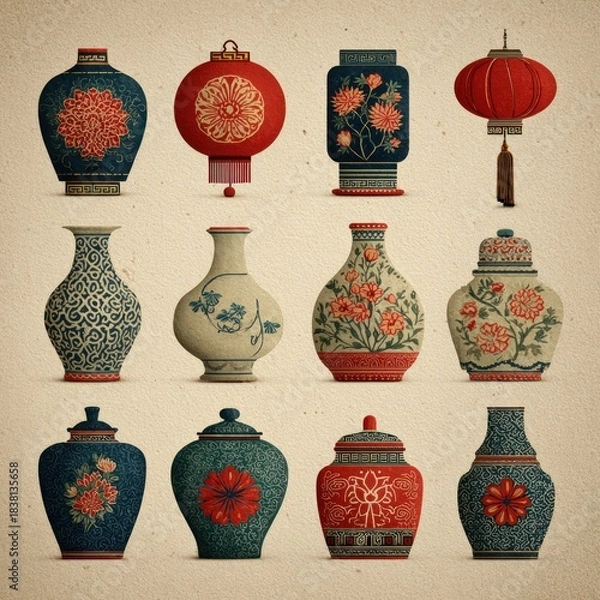 Obraz Collection of Decorative Asian Vases and Lanterns with Floral Designs.