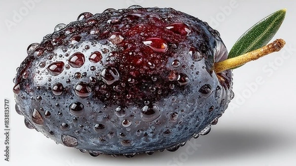 Obraz Close-up of a glistening black olive with water droplets and a green leaf.