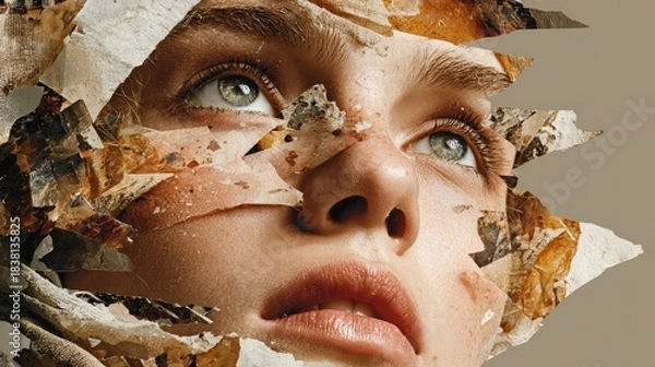 Obraz Close-up of a womans face with autumn leaves, looking up, artistic portrait.