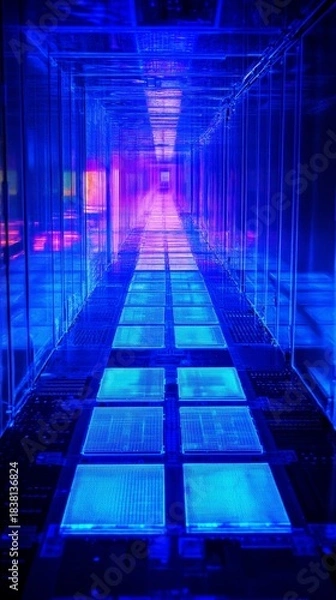 Fototapeta Illuminated high tech corridor with glowing blue light panels and reflective floor, creating a sci fi atmosphere reminiscent of advanced technology and virtual reality