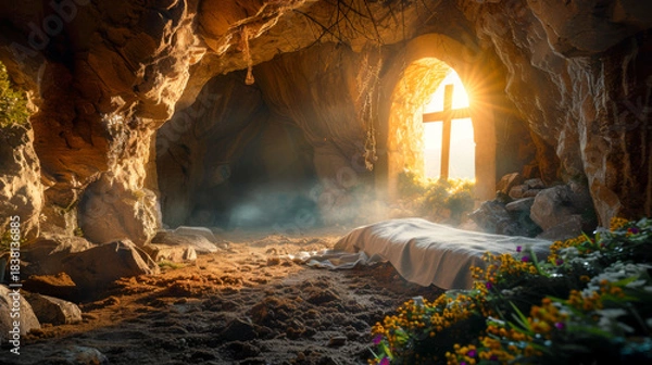 Fototapeta Empty tomb with cross and sunlight beaming through the entrance, representing Easter resurrection