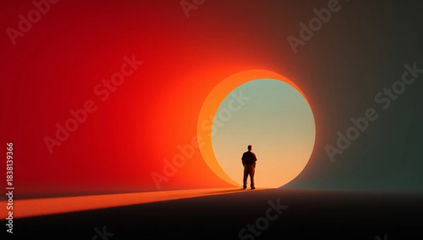 Obraz Vibrant collage. Man facing circular glowing entrance in colorful scene. Concept of future architecture, AI creativity, branding identity, product innovation, immersive editorial storytelling themes.