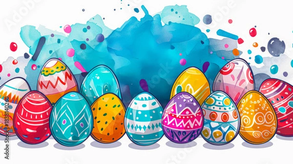 Fototapeta Colorful vector Easter eggs in a row with abstract patterns and geometric splash background