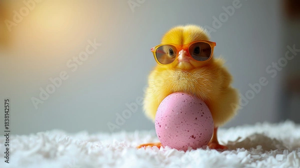 Fototapeta A charming and whimsical image of a fluffy yellow chick confidently wearing stylish orange sunglasses while posing with a speckled pink Easter egg. Set against a softly lit neutral background