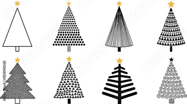 Fototapeta Set of minimalist black and white christmas tree designs in various abstract styles