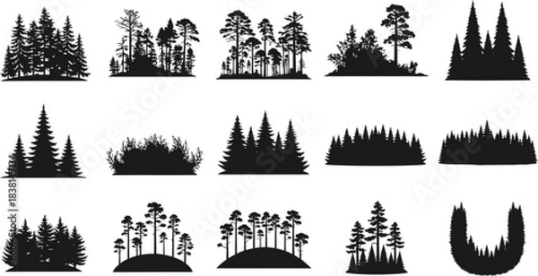 Fototapeta Collection of black silhouette forest trees and woodland scenes for design elements