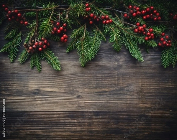 Obraz Christmas fir branches with red berries on dark wooden background