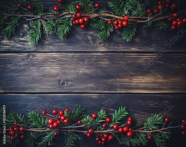 Obraz Christmas background with pine branches and red berries on a dark wooden table, in a flat lay. Christmas tree garland border on an old wood texture background. New Year decoration concept. 