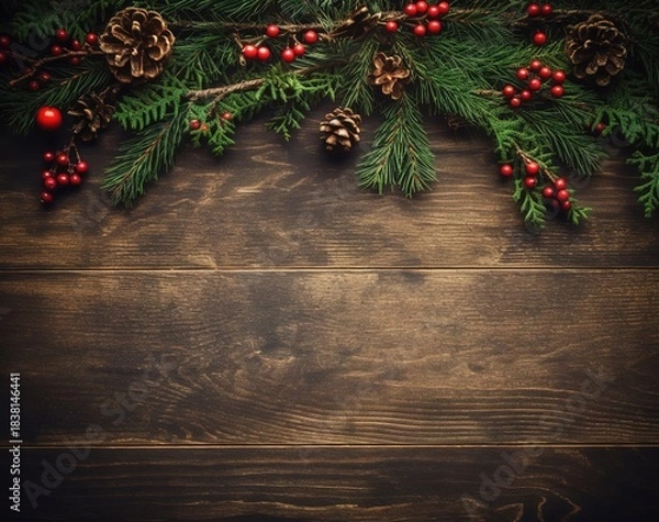 Obraz Christmas fir branches with pinecones and red berries on rustic wooden background