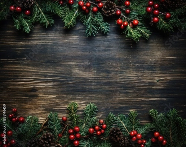 Obraz Christmas fir branches with red berries and pine cones on dark wooden background