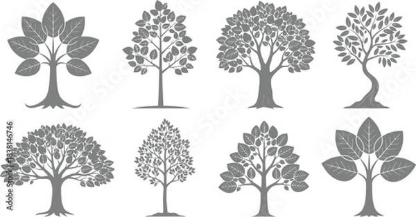 Fototapeta Collection of detailed black and white tree silhouettes in various shapes and sizes