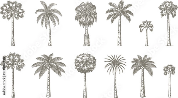 Fototapeta Collection of various palm tree illustrations in a vintage hand drawn style