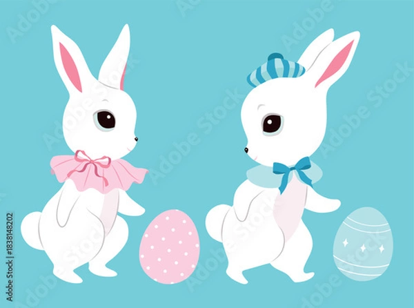 Fototapeta Cute Easter white bunnies, color clothes, cutie bows, pattern eggs. Spring collection. Sticker design. Set of Easter themed images including easter eggs, pretty rabbits. Happy Easter. Greeting cards