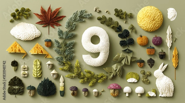 Fototapeta 紙細工の9と秋のモチーフを組み合わせた、ペーパークラフト風デザイン