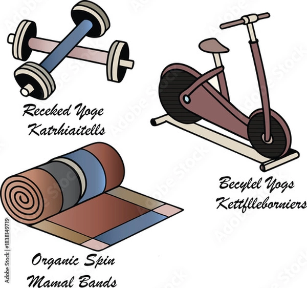 Fototapeta 3D illustration of a set of isolated sport and fitness icons on white, representing healthcare, gym exercise equipment, and training activity