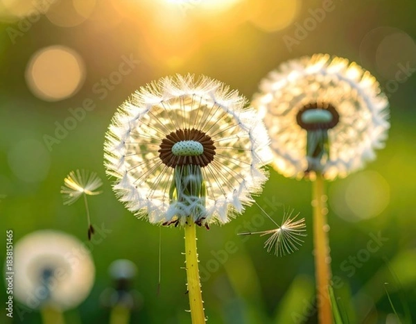 Fototapeta Dandelions, sunlight, seeds drifting in summer meadow