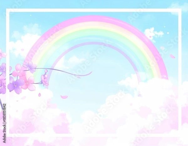 Fototapeta Pastel sky, rainbow arching over clouds, blossom branch