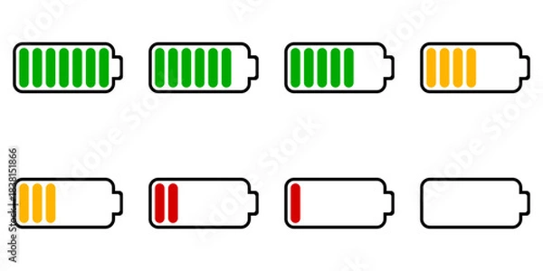 Fototapeta 8 Frame Sprite Sheet of Horizontal Battery Draining Full or High or Empty Low Battery Power Load Red Yellow and Green Symbol Sign Icon Set. Vector Image.