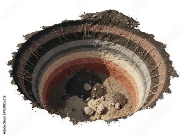 Fototapeta Soil layers in a pit isolated on white background showing different horizons