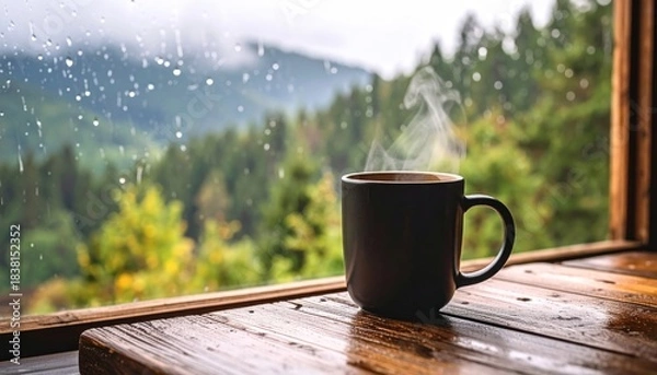Obraz Steaming Coffee Mug on Wood with Rainy Day Window, and Mountain View.