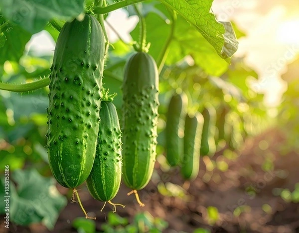 Fototapeta Cucumbers on vines, green, in rows, sunlight