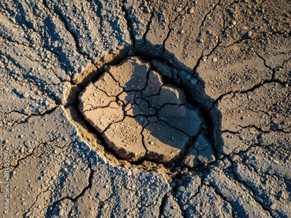 Fototapeta Dry cracked earth with a hole in the middle of a parched landscape